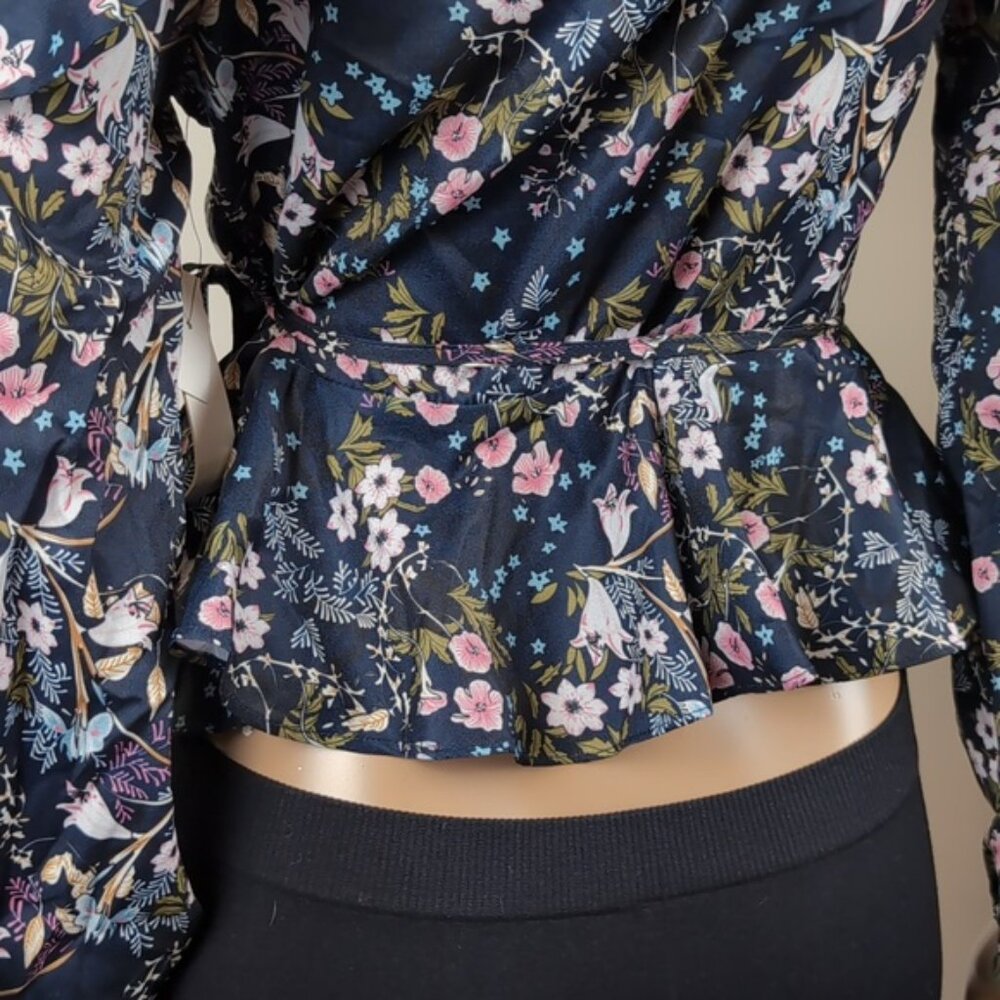 NEW Design Lab Floral Cold Shoulder Wrap Top Long Sleeve Ruffle Lord & Taylor - Picture 9 of 14